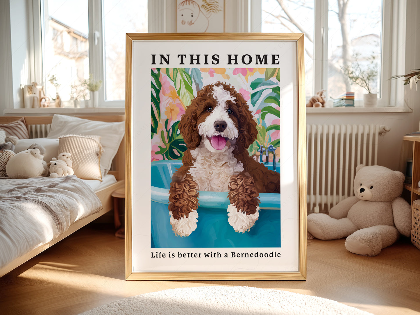 Bernedoodle Dog print styled in a mid-century modern dining room