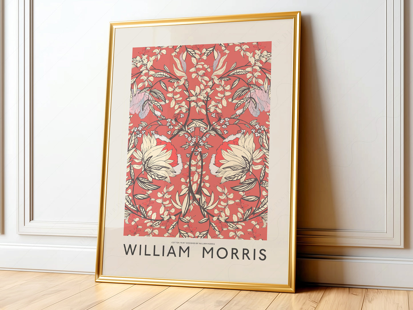 William Morris red floral cotton print wall art poster featuring symmetrical botanical patterns with cream leaves and flowers.