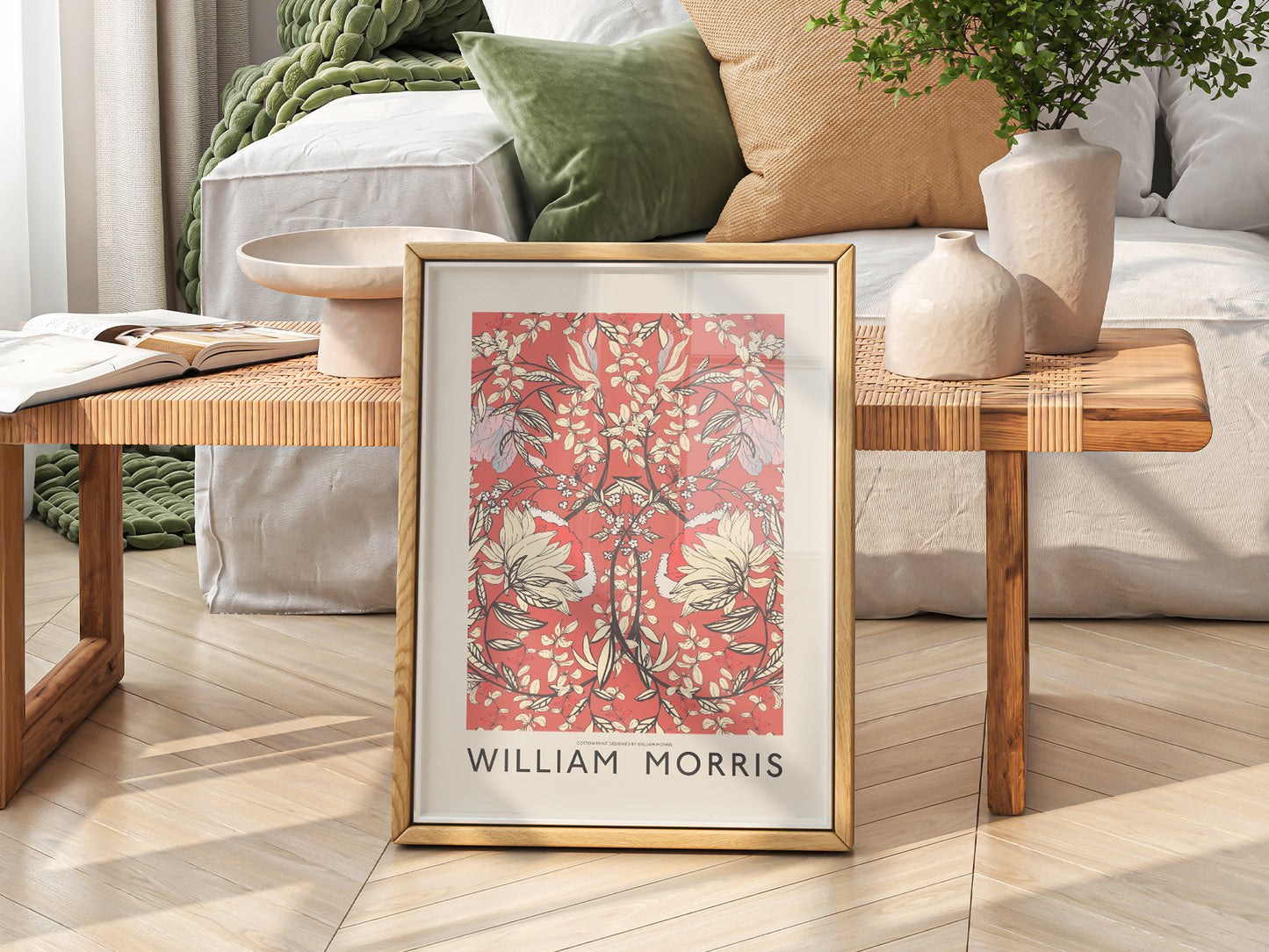 Multiple size options for William Morris Red Floral Cotton wall art print display