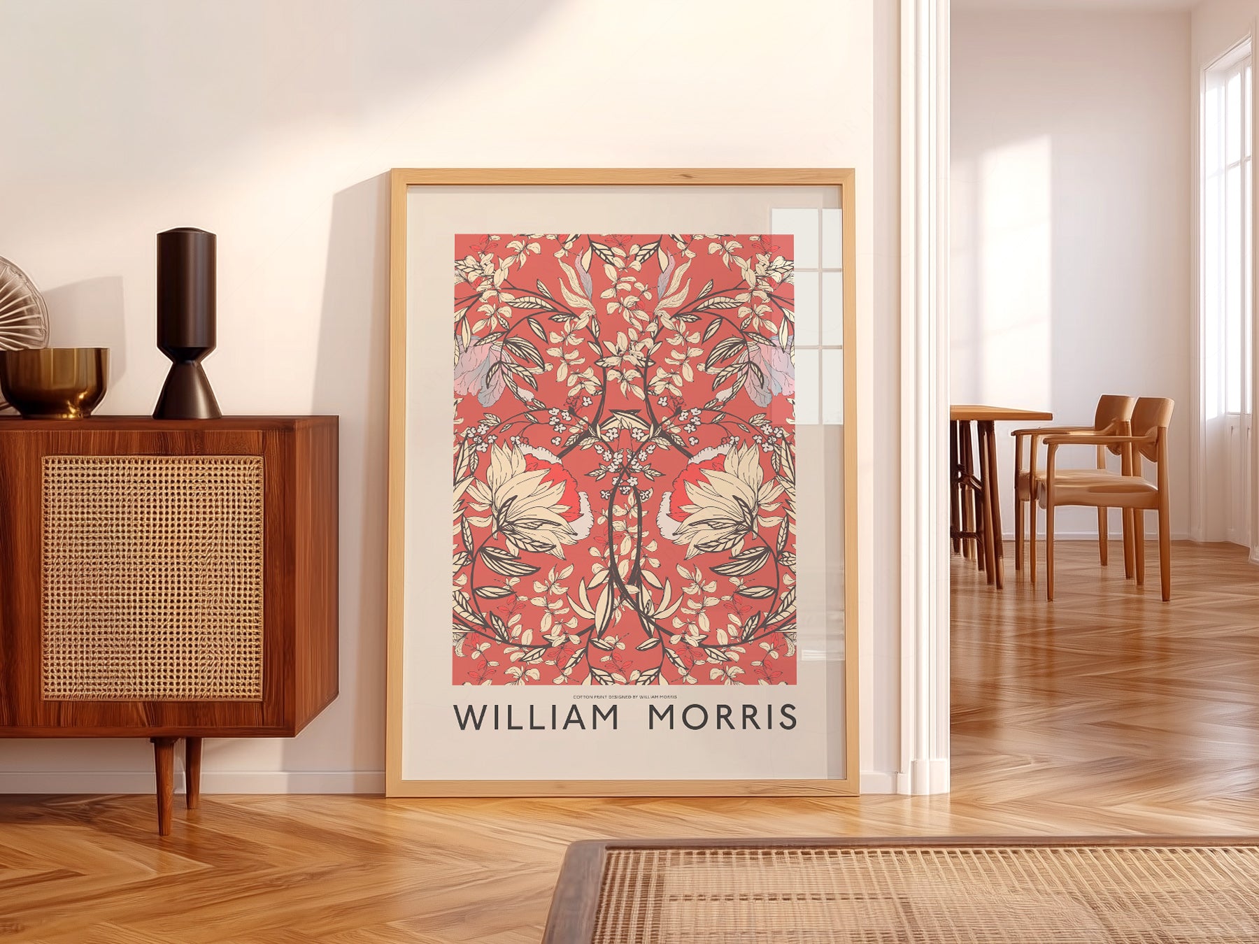 William Morris art print styled in a Scandinavian bedroom