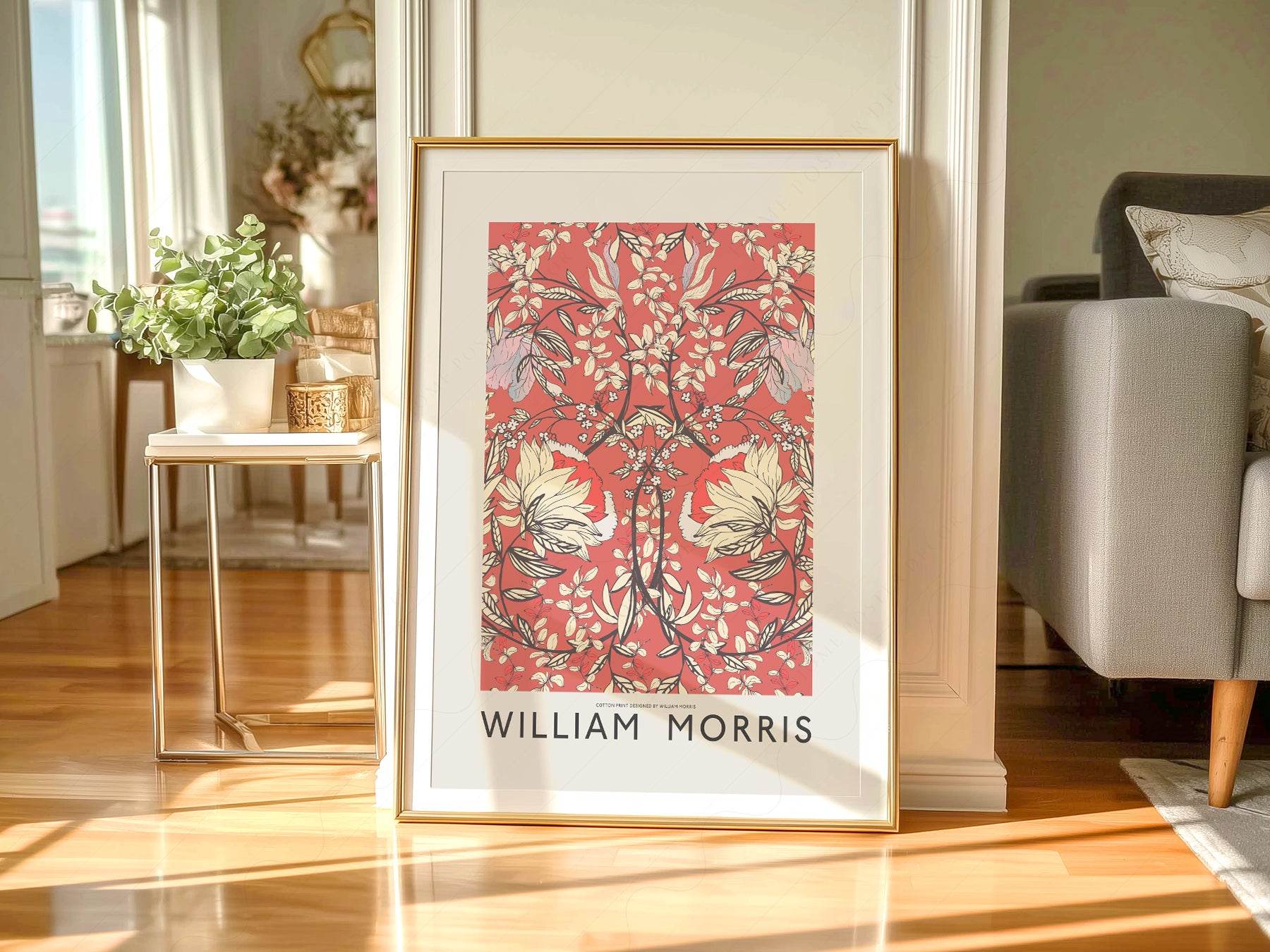 Close-up of William Morris Red Floral Cotton archival print on Premium Matte Paper