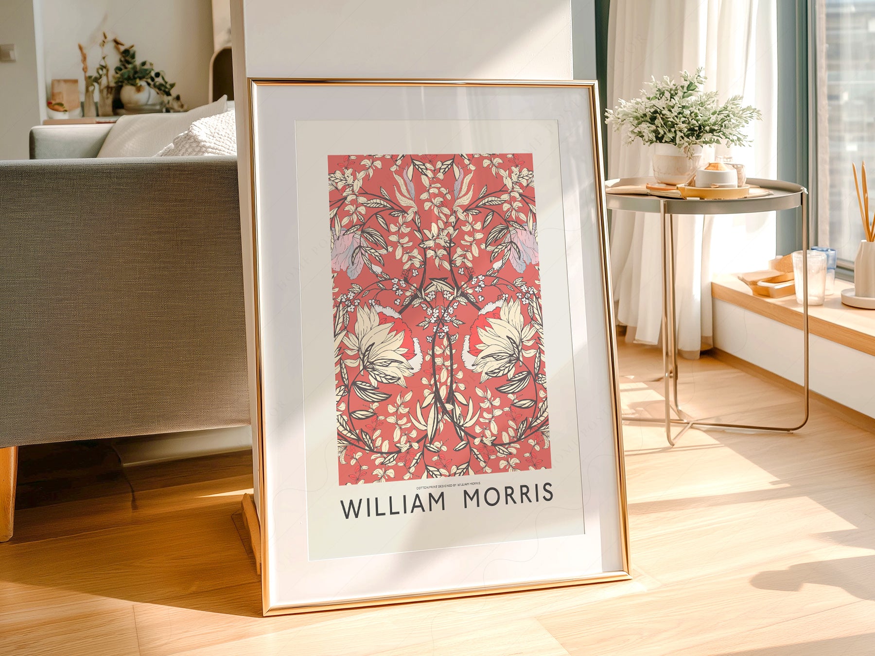 William Morris Red Floral Cotton print styled in a mid-century modern dining room