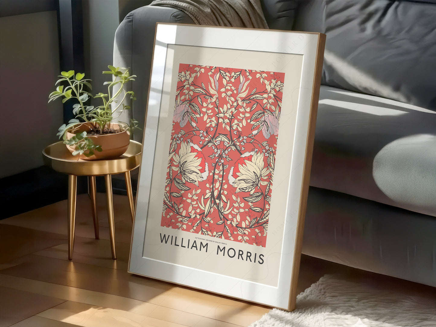 William Morris art print as wall decor in a minimalist home office