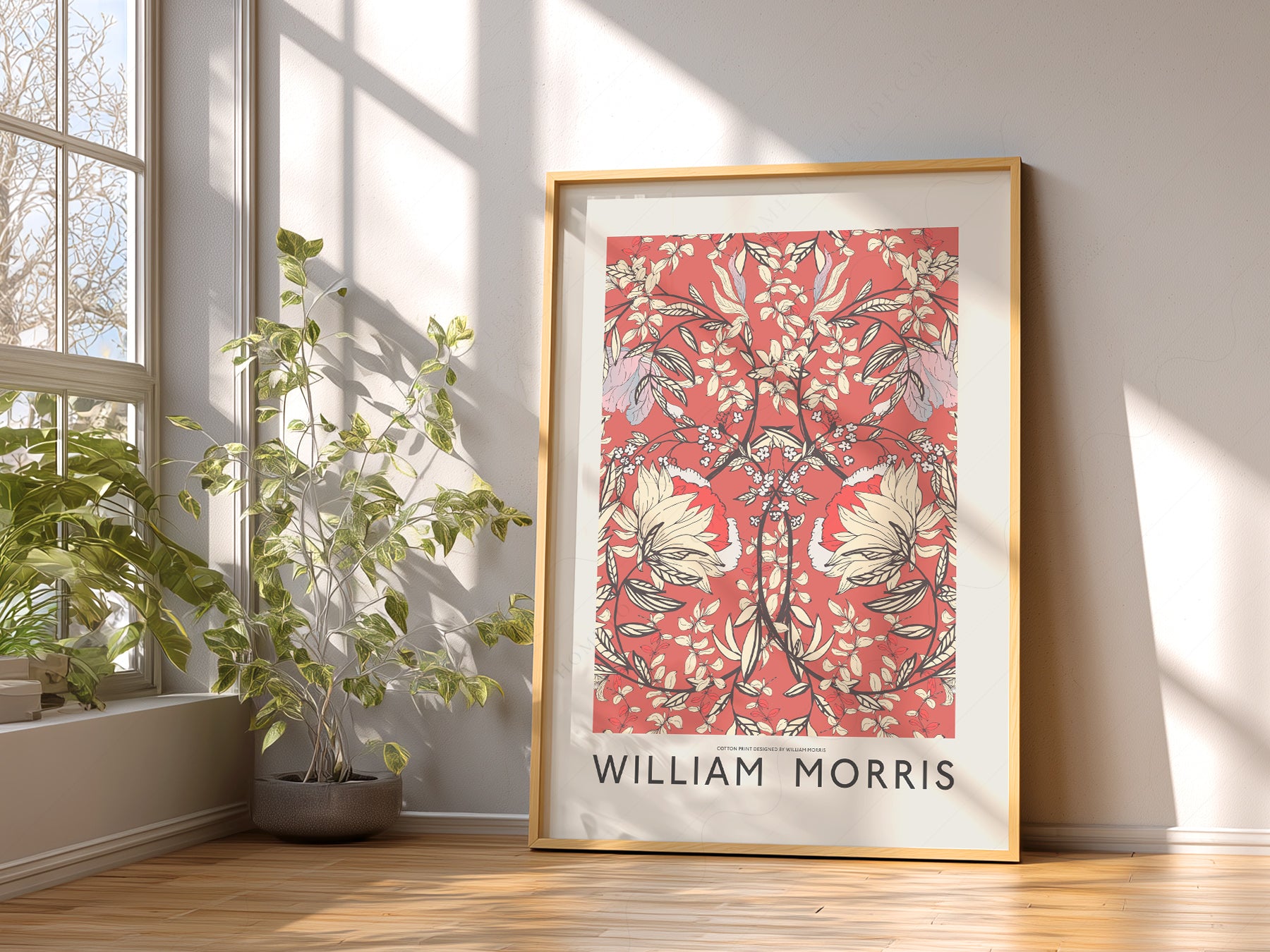 William Morris Red Floral Cotton in a light-filled Japandi-inspired living space