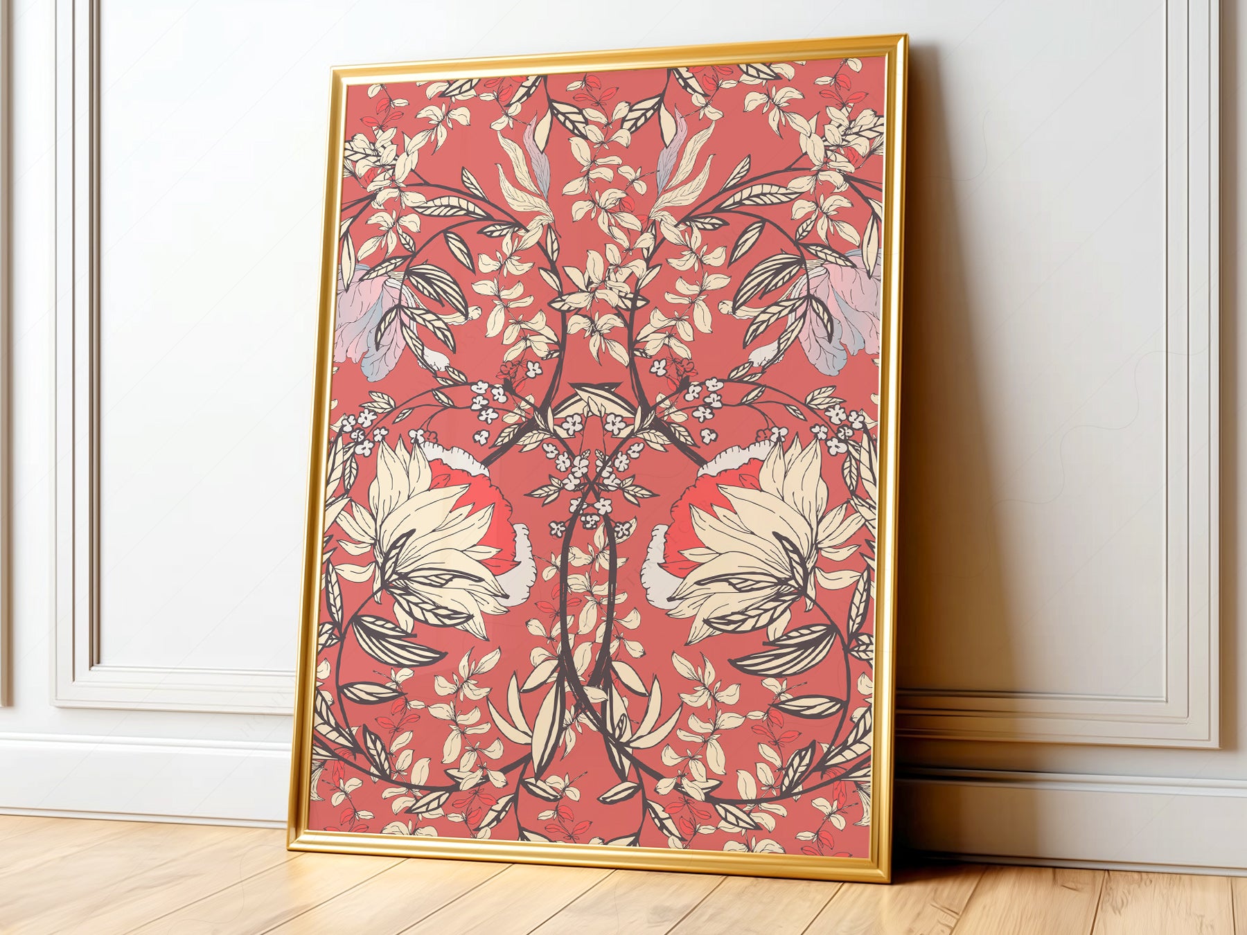 William Morris red floral pattern art print featuring symmetrical cream botanicals and delicate vine details.
