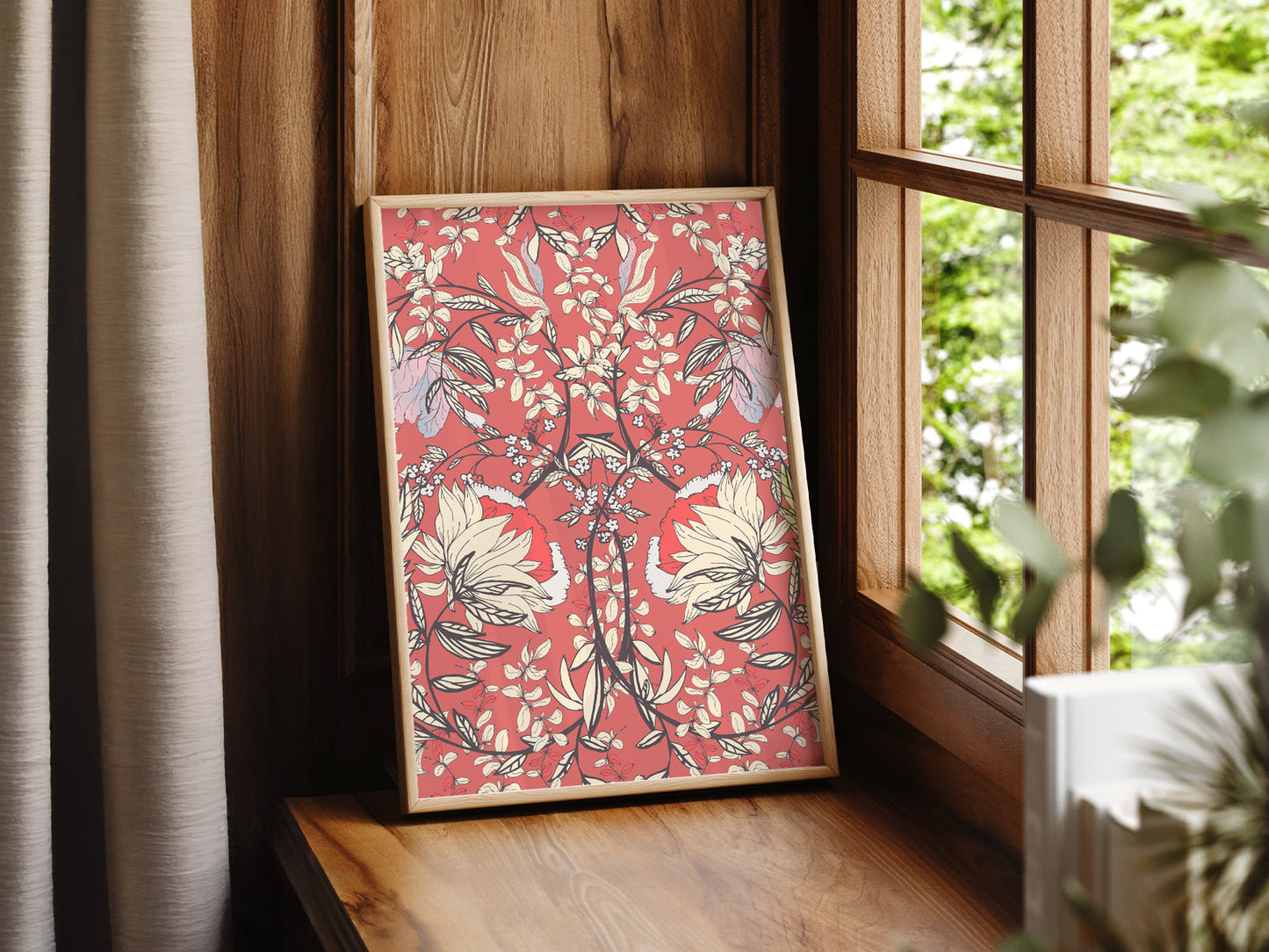 William Morris Red Floral Pattern in a light-filled Japandi-inspired living space