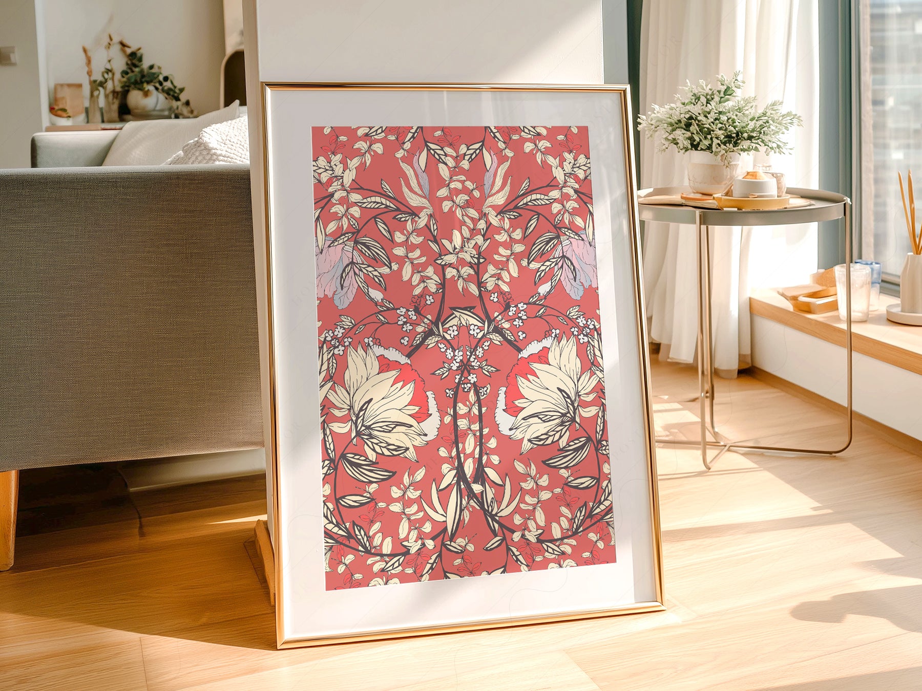 Close-up of William Morris Red Floral Pattern archival print on Premium Matte Paper
