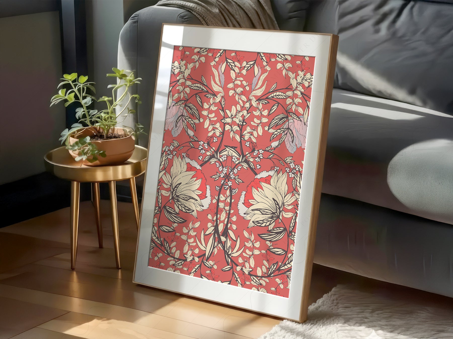 William Morris art print as wall decor in a minimalist home office