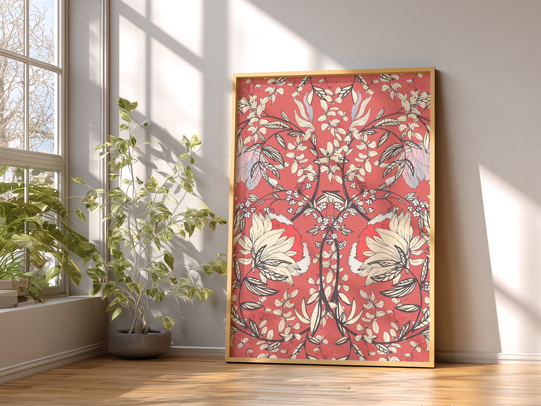William Morris Red Floral Pattern print styled in a mid-century modern dining room