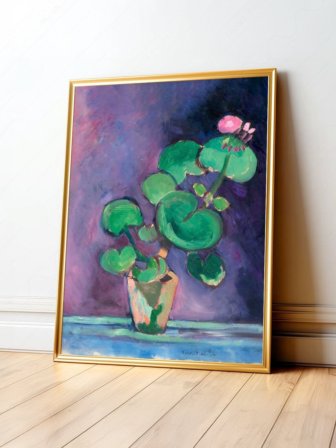 Henri Matisse Geraniums in Vase art print featuring vibrant green leaves and pink flowers against a purple background.
