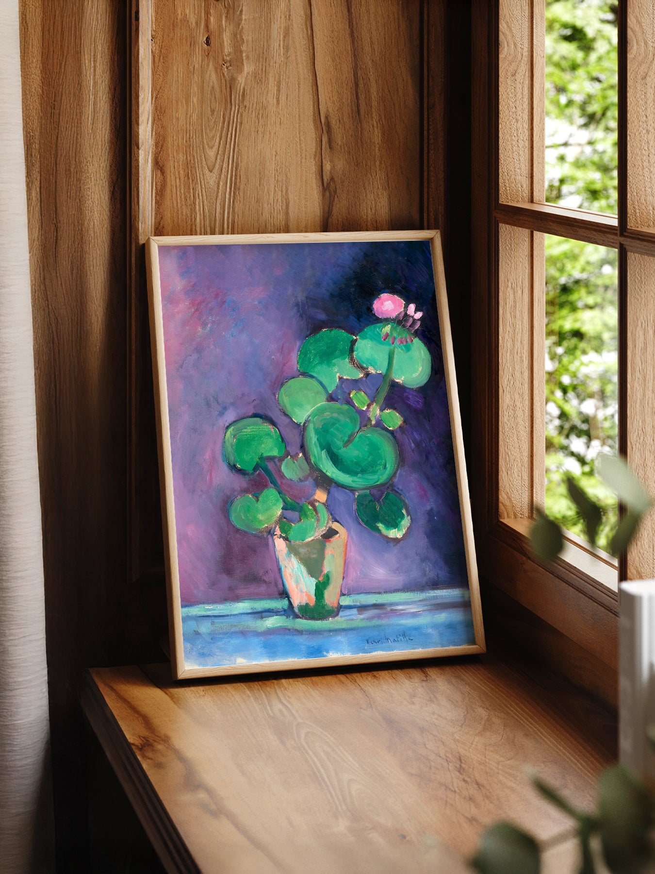 Henri Matisse Geraniums in Vase print styled in a mid-century modern dining room