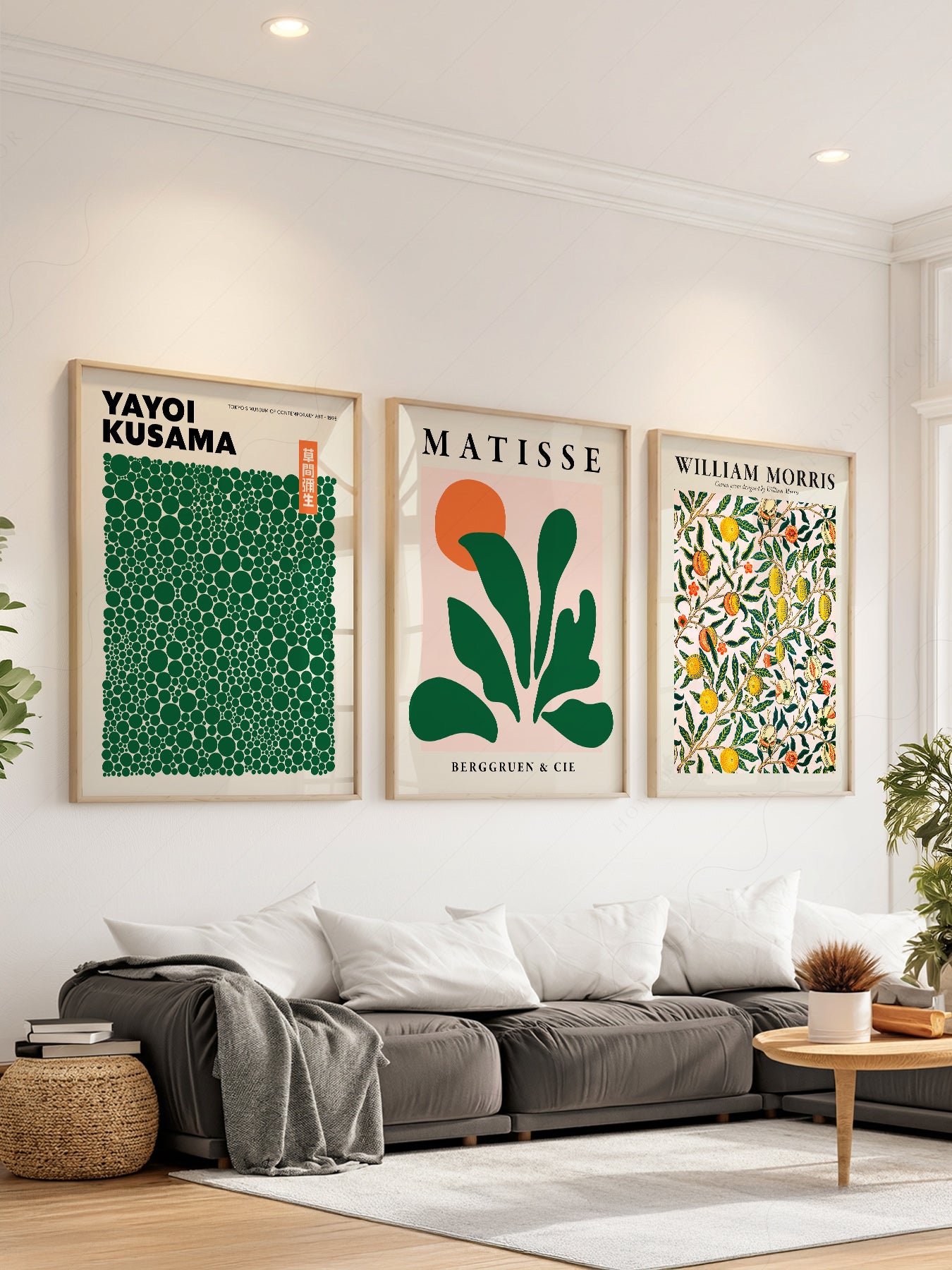 Set of three wall art prints featuring Yayoi Kusama, Henri Matisse, and William Morris in green tones displayed above a sofa.
