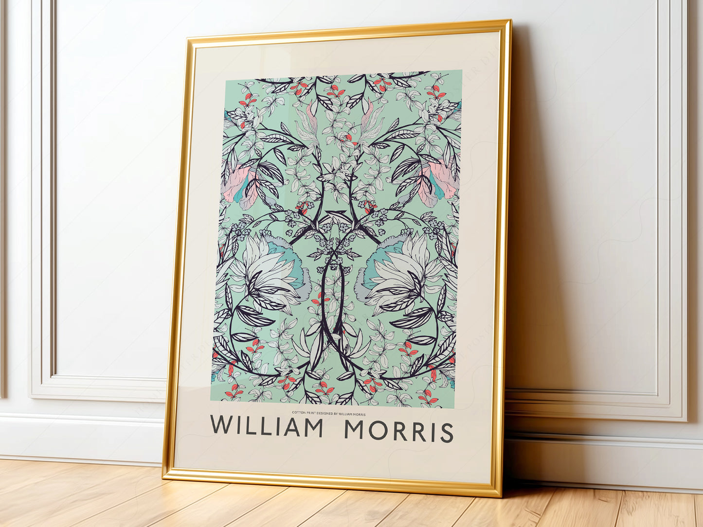 William Morris turquoise floral cotton print art poster featuring symmetrical botanical branches and white blossoms.