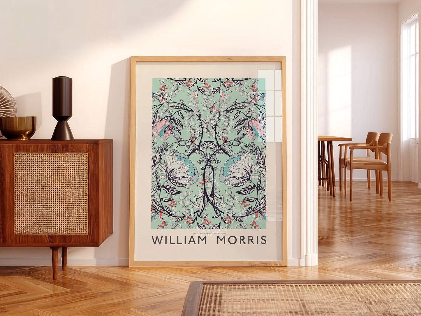 William Morris Floral Cotton print styled in a mid-century modern dining room