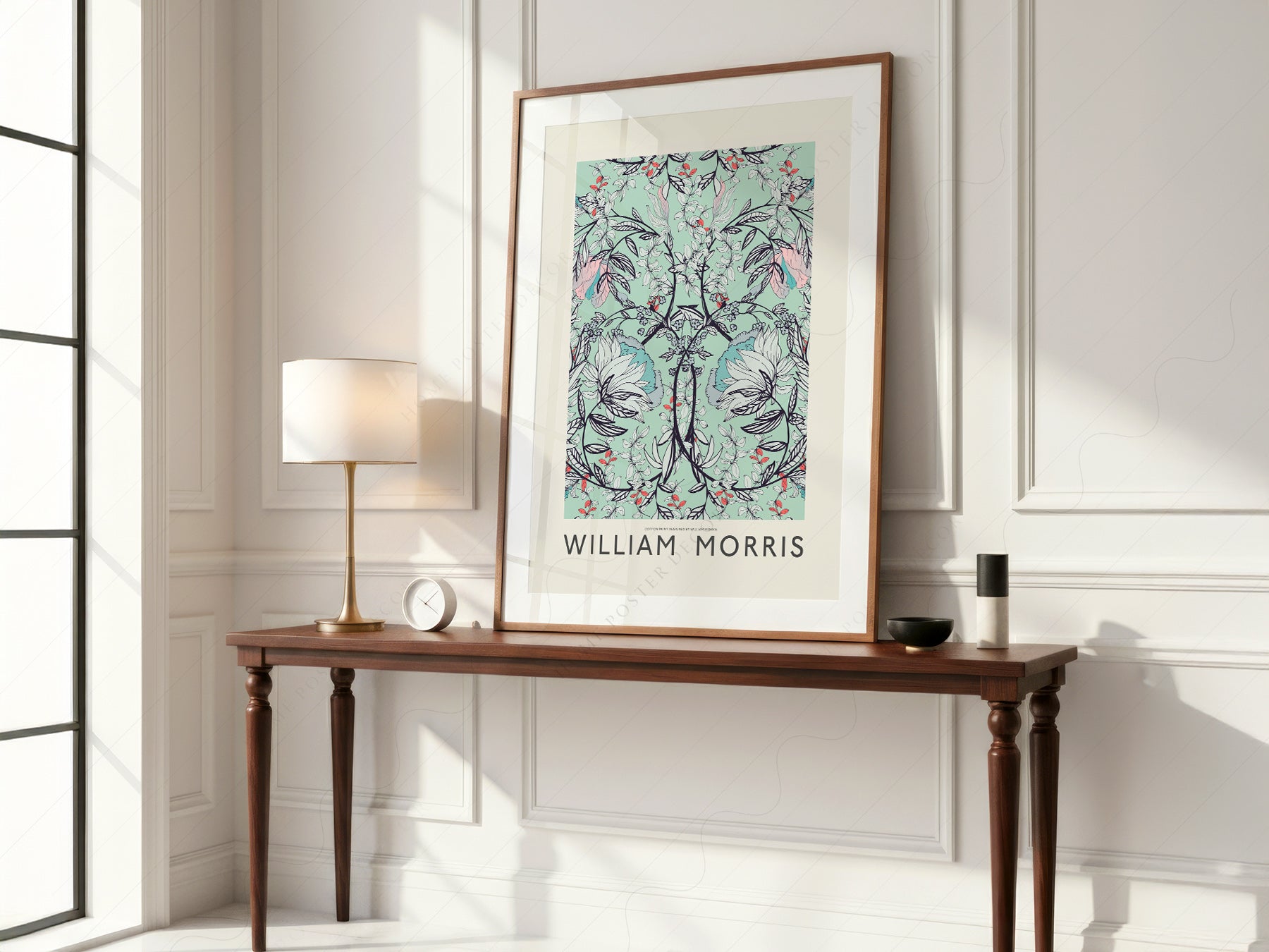 William Morris art print styled in a Scandinavian bedroom