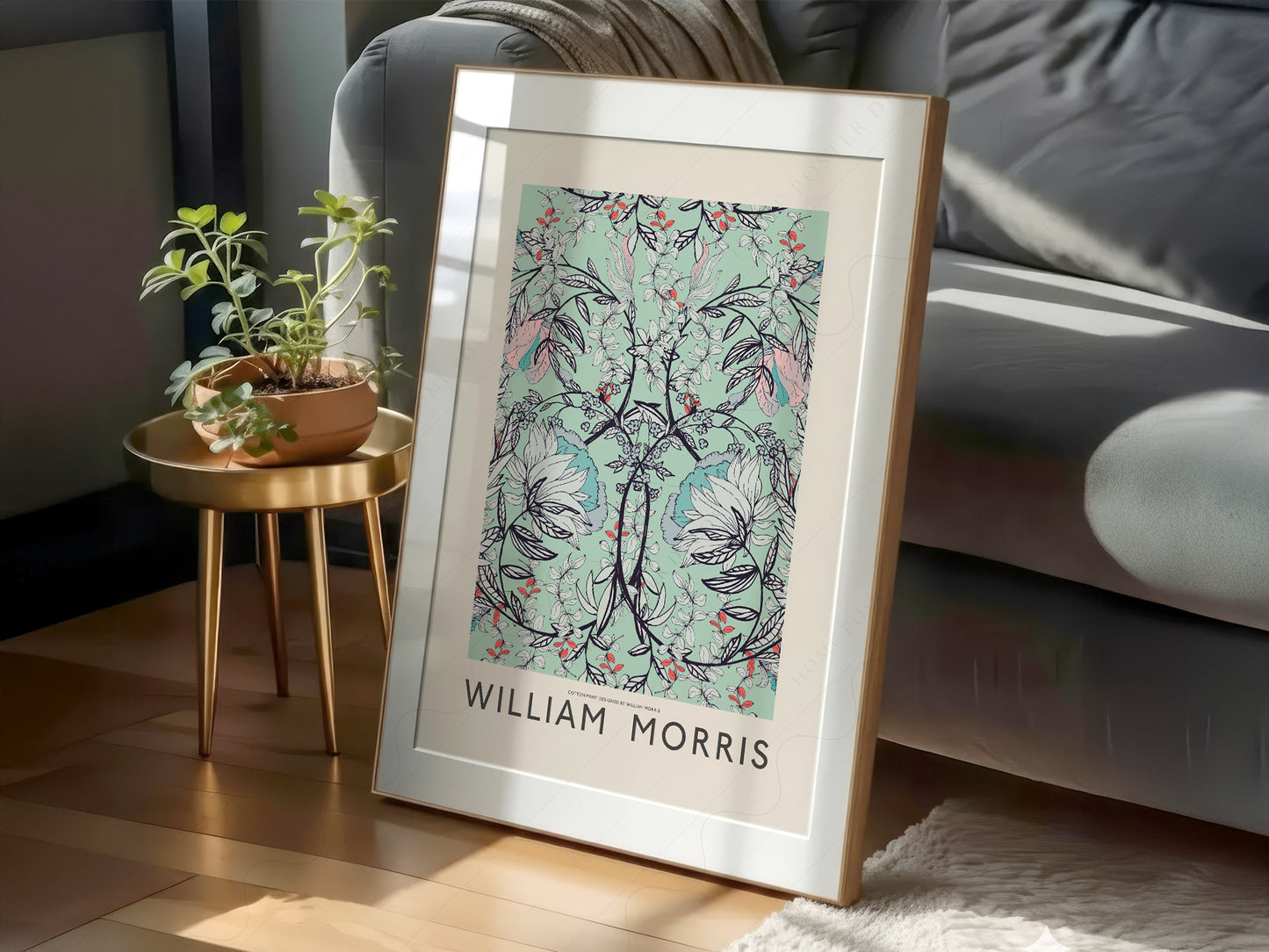 William Morris art print as wall decor in a minimalist home office