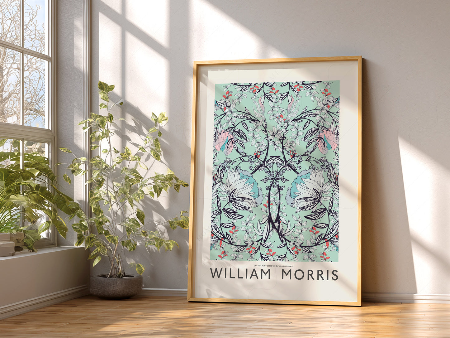 William Morris Floral Cotton in a light-filled Japandi-inspired living space