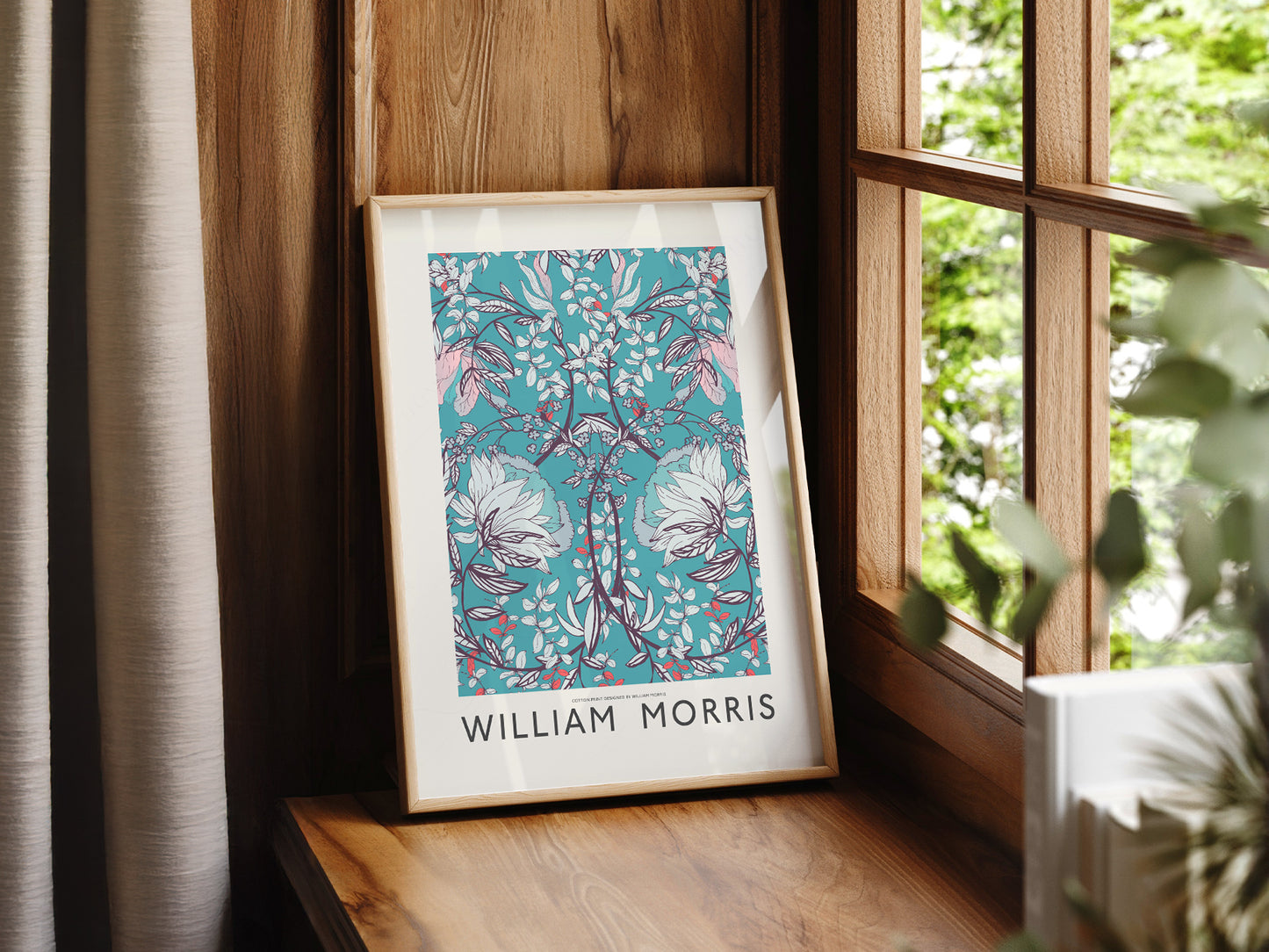 William Morris art print as wall decor in a minimalist home office