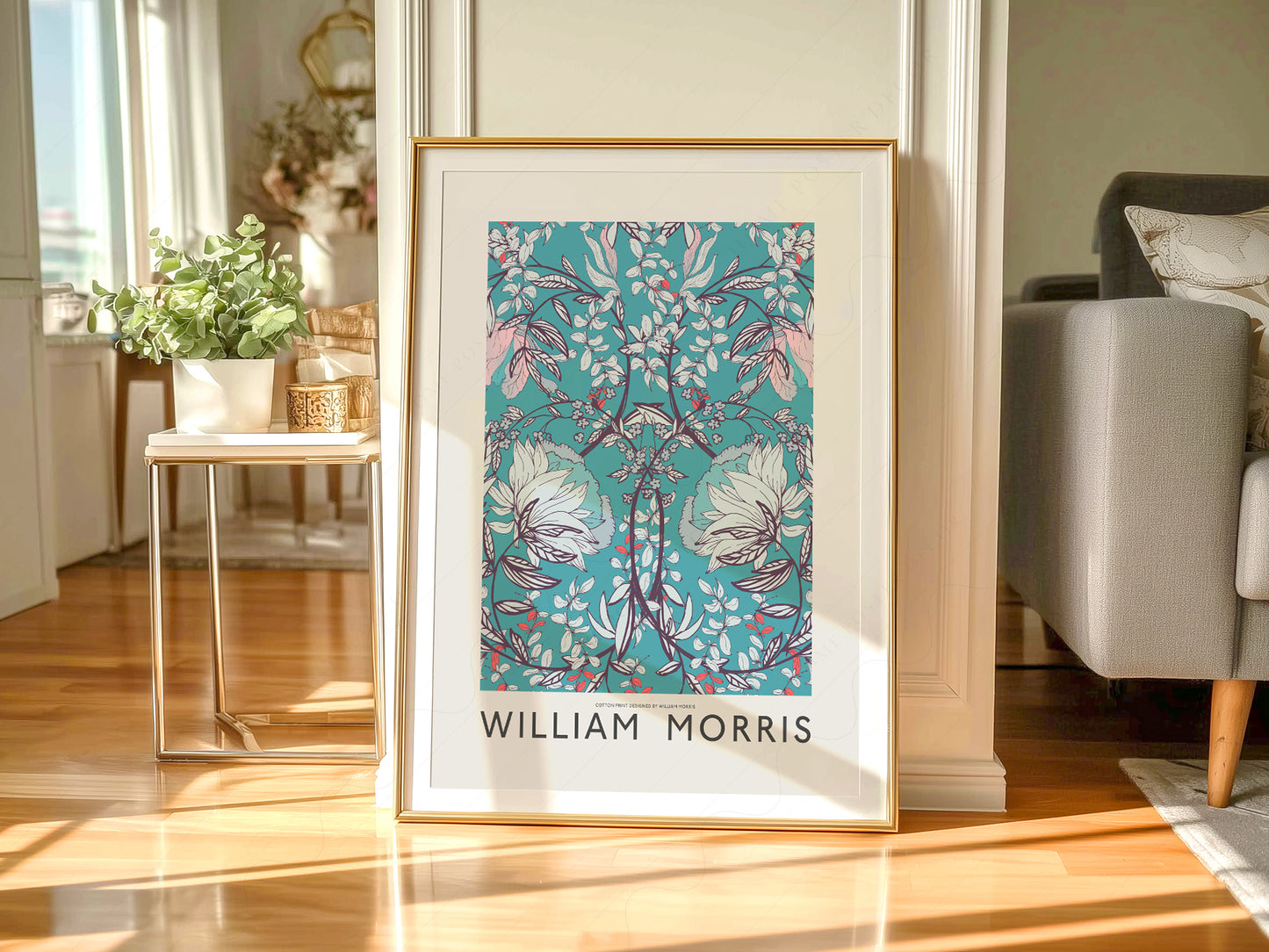 William Morris wall art in a cozy home study or reading room