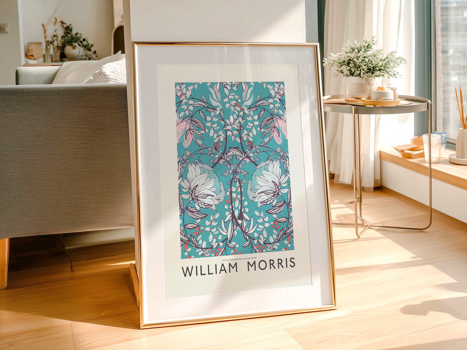 William Morris Cotton Print Art print styled in a mid-century modern dining room