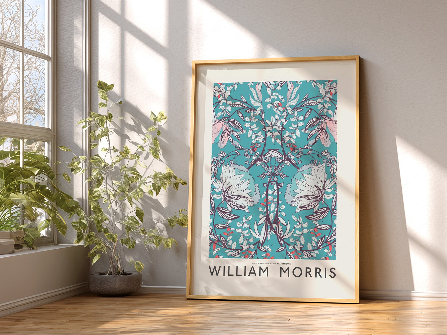 William Morris Cotton Print Art in a light-filled Japandi-inspired living space