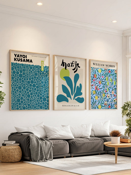 Gallery wall set of three art prints featuring Yayoi Kusama dots, Henri Matisse cut-outs, and William Morris botanical in teal tones.