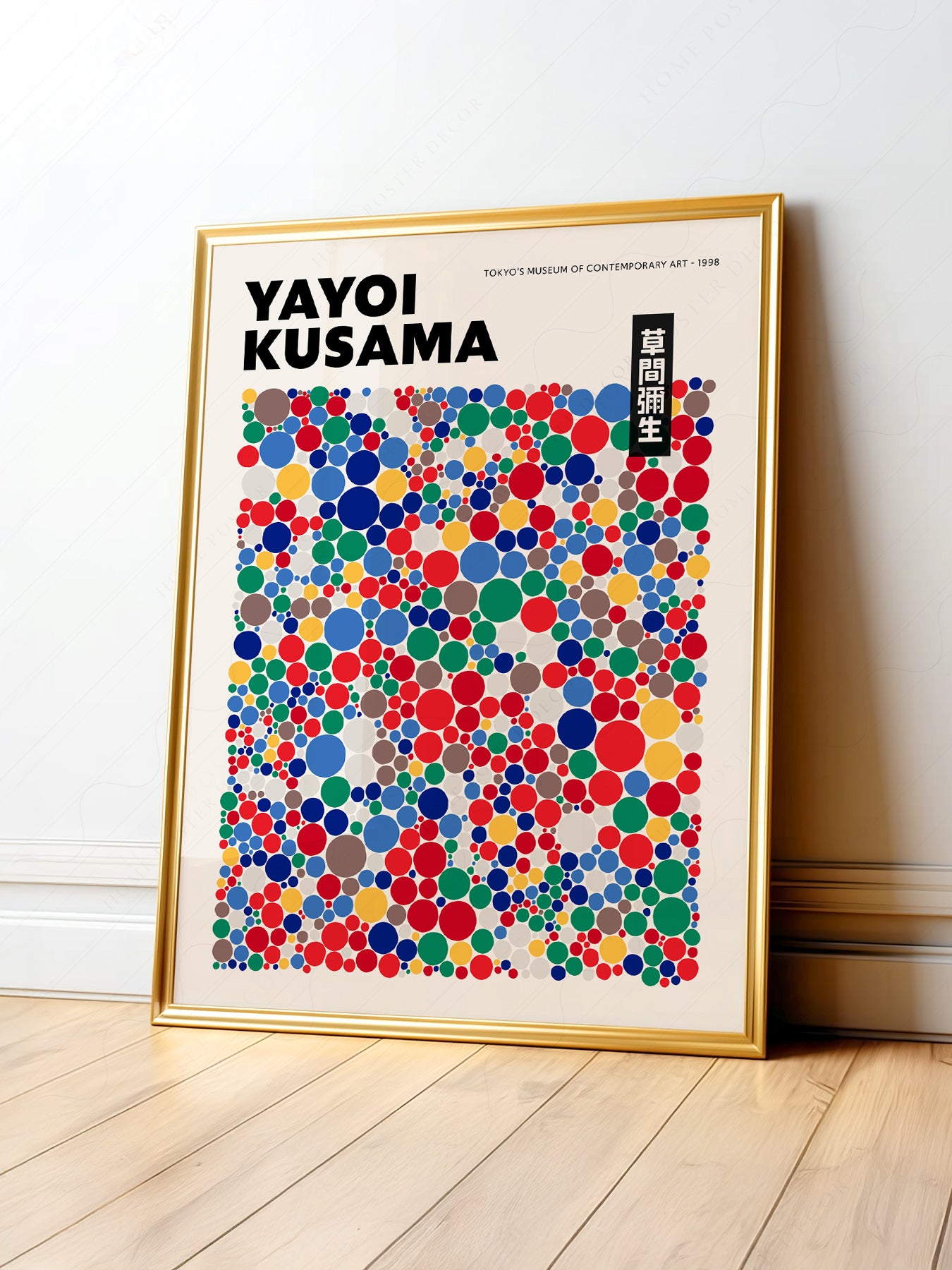 Yayoi Kusama polka dot exhibition art print featuring colorful scattered dots, Japanese contemporary wall art poster.