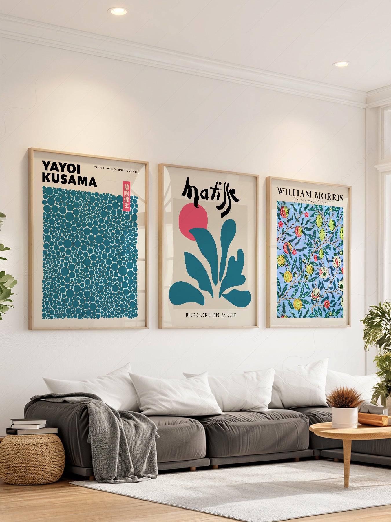Set of three wall art prints featuring Yayoi Kusama polka dots, Henri Matisse cutout, and William Morris botanical design in teal tones.