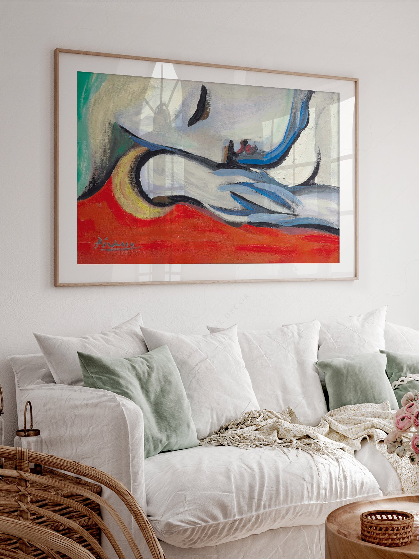 Pablo Picasso art print styled in a Scandinavian bedroom