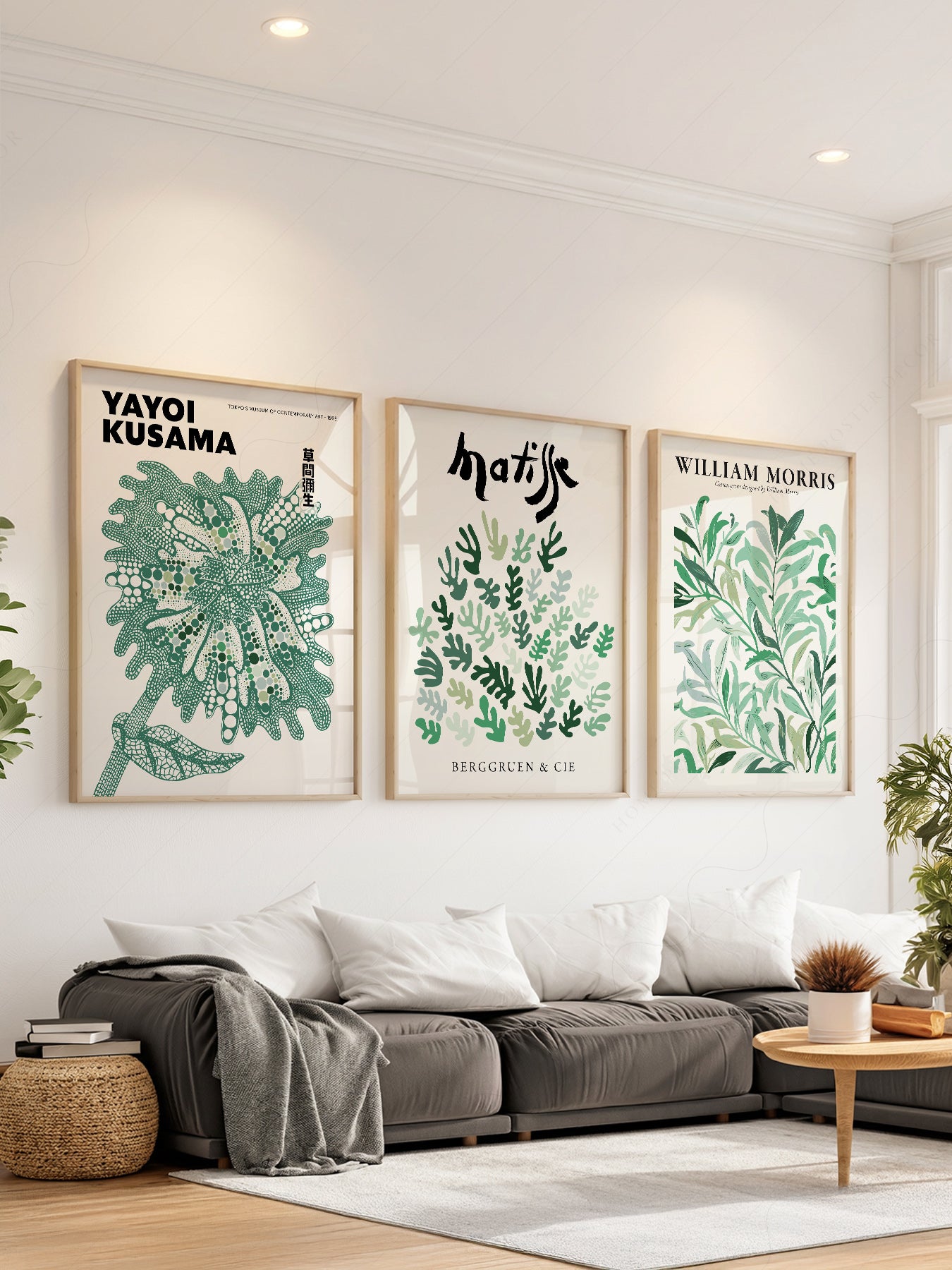 Set of 3 green botanical wall art prints featuring Yayoi Kusama, Henri Matisse, and William Morris designs.