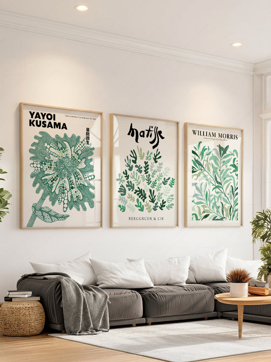 Set of 3 green botanical wall art prints featuring Yayoi Kusama, Henri Matisse, and William Morris designs.