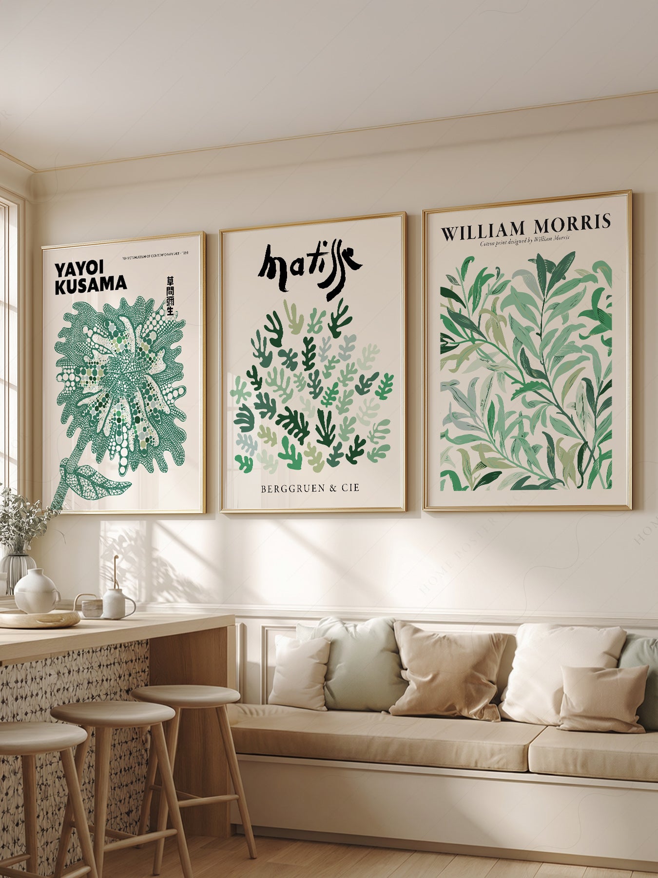 Set of 3 Green Botanical Prints – Kusama Matisse – fine art print wall decor