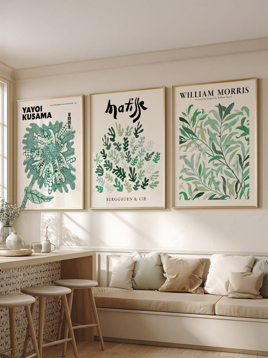 Set of 3 Green Botanical Prints – Kusama Matisse – fine art print wall decor