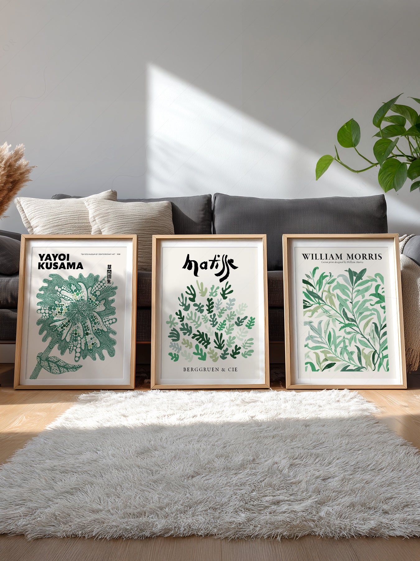 Set of 3 Green Botanical Prints – Kusama Matisse – gallery wall art poster