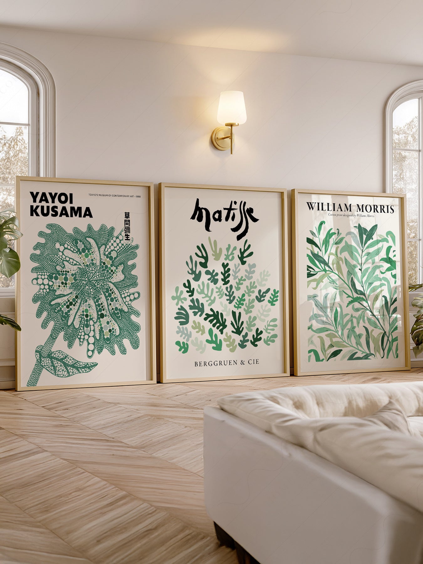 Set of 3 Green Botanical Prints – Kusama Matisse – classic art print reproduction