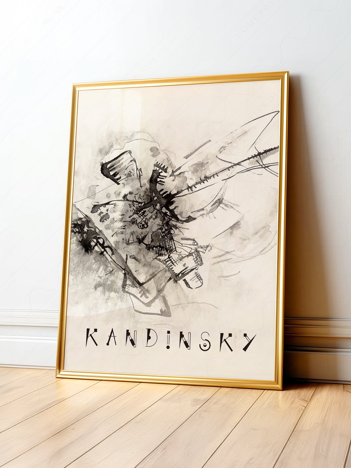 Wassily Kandinsky abstract ink drawing art print featuring dynamic black gestural strokes on cream background.