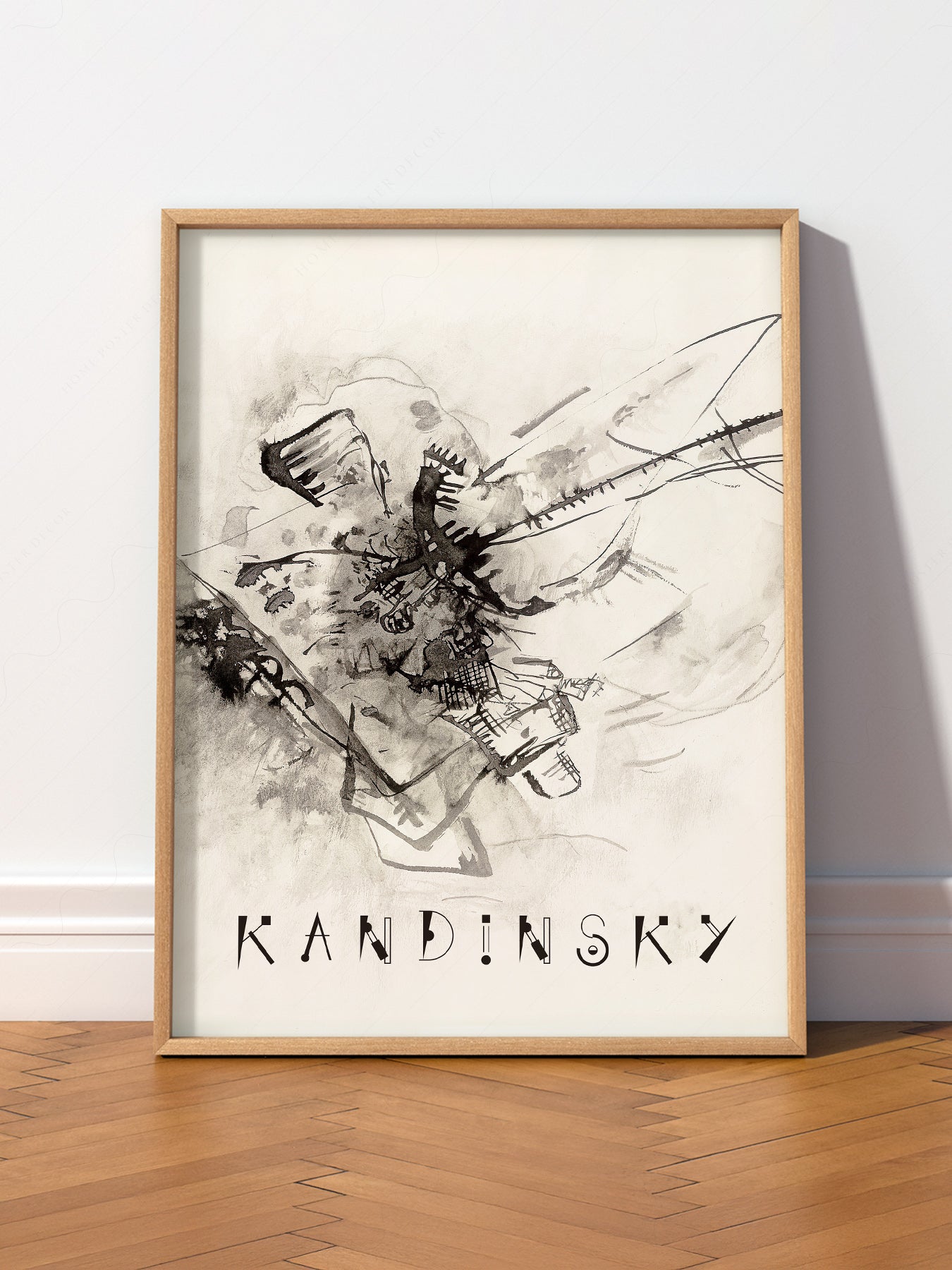 Wassily Kandinsky Abstract Ink Drawing wall art print displayed in a bright modern living room
