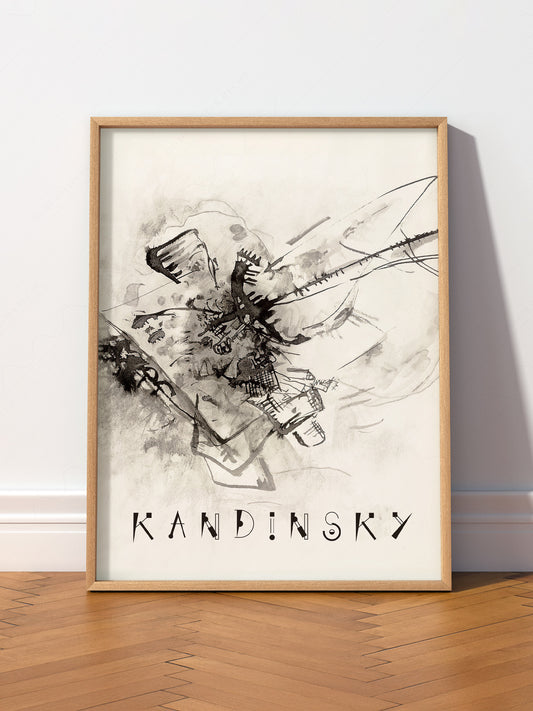 Wassily Kandinsky Abstract Ink Drawing wall art print displayed in a bright modern living room