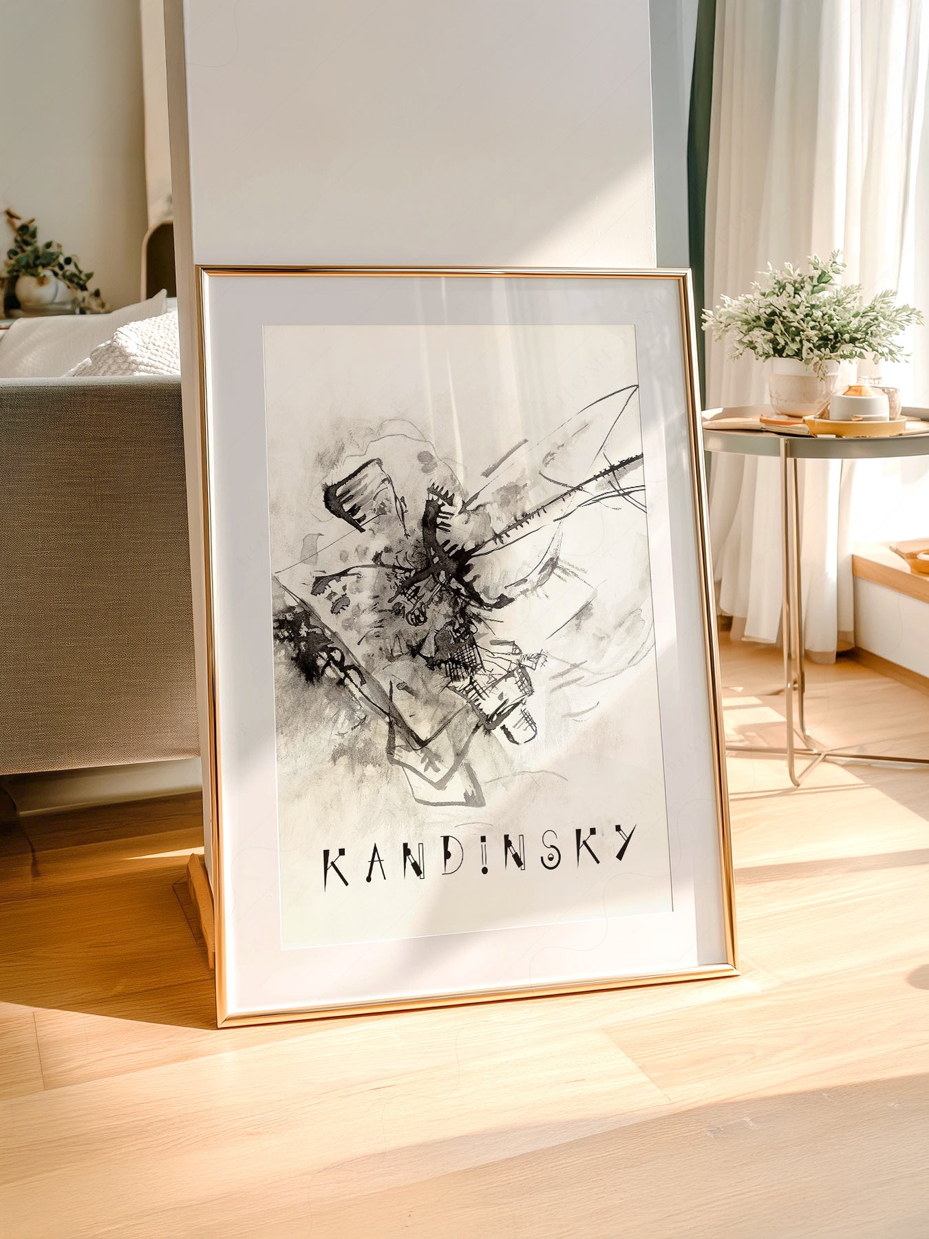 Wassily Kandinsky art print styled in a Scandinavian bedroom