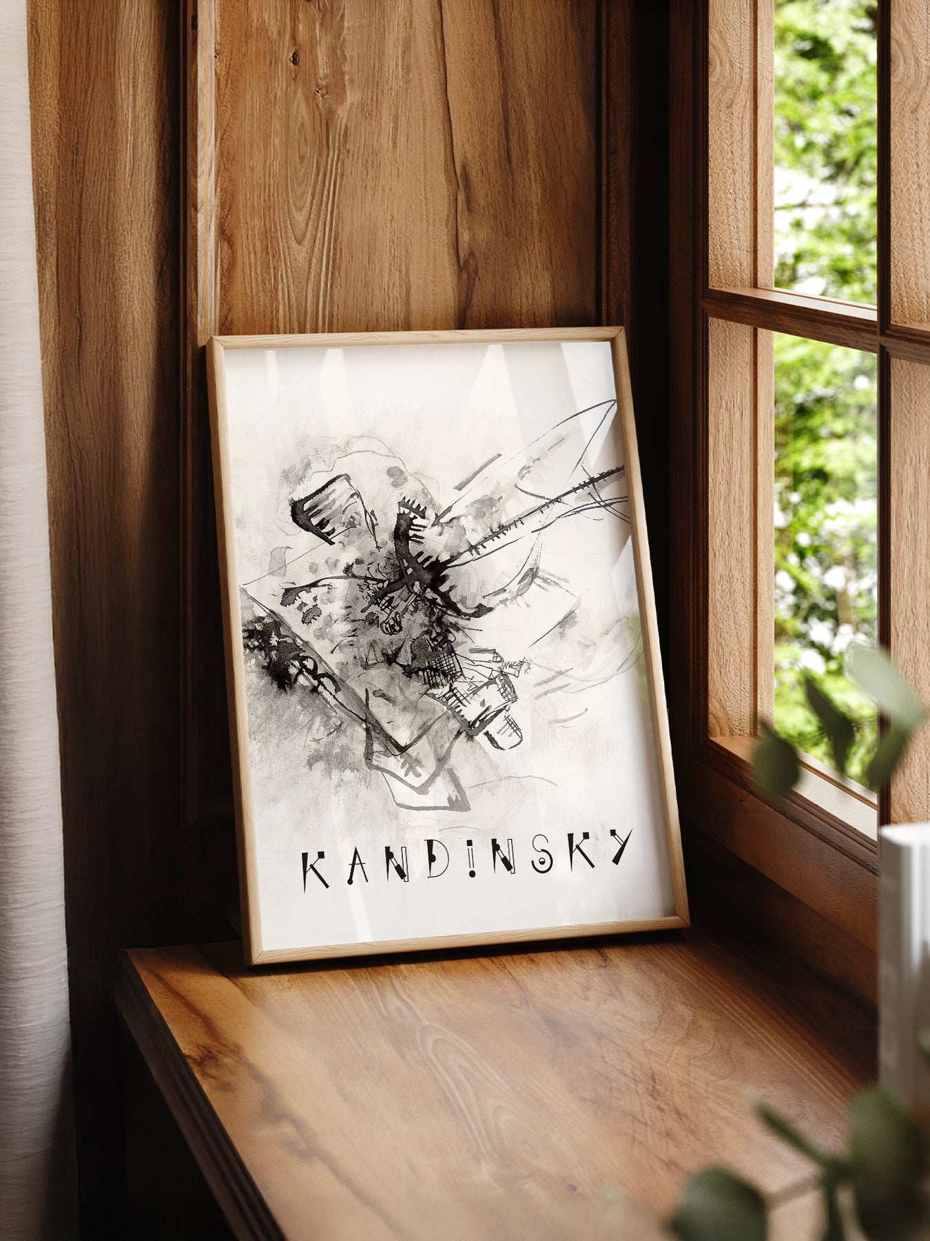 Wassily Kandinsky Abstract Ink Drawing print styled in a mid-century modern dining room