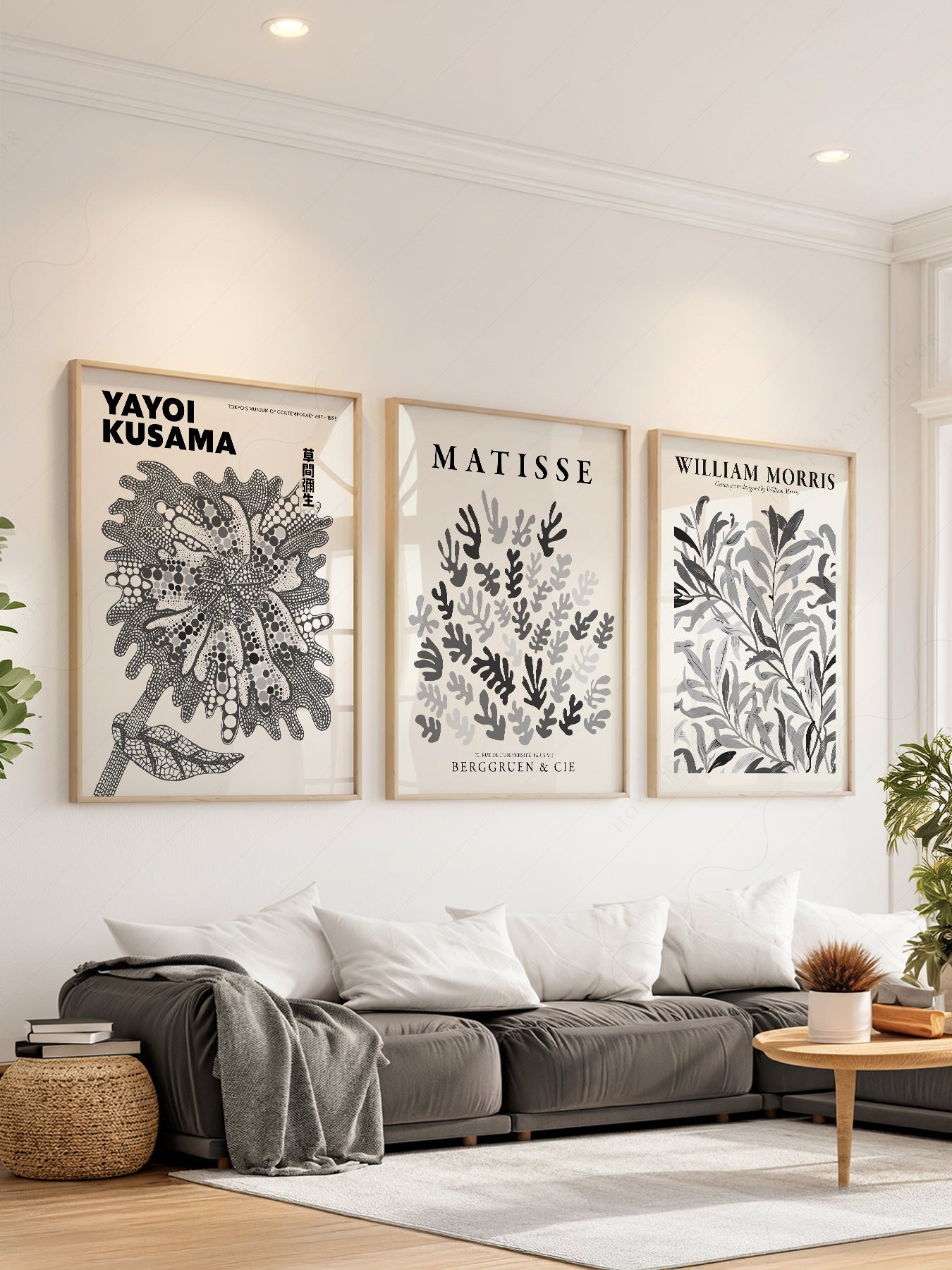 Set of three black and white art prints featuring Yayoi Kusama, Henri Matisse, and William Morris botanical wall art.