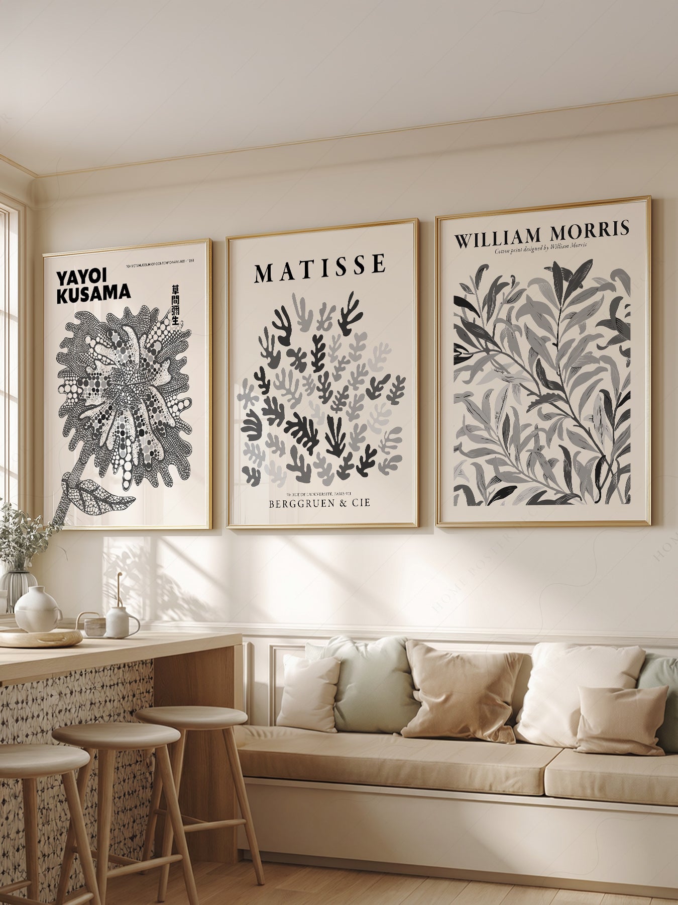 Matisse Kusama William Morris Set of 3 Prints – Black – fine art print wall decor
