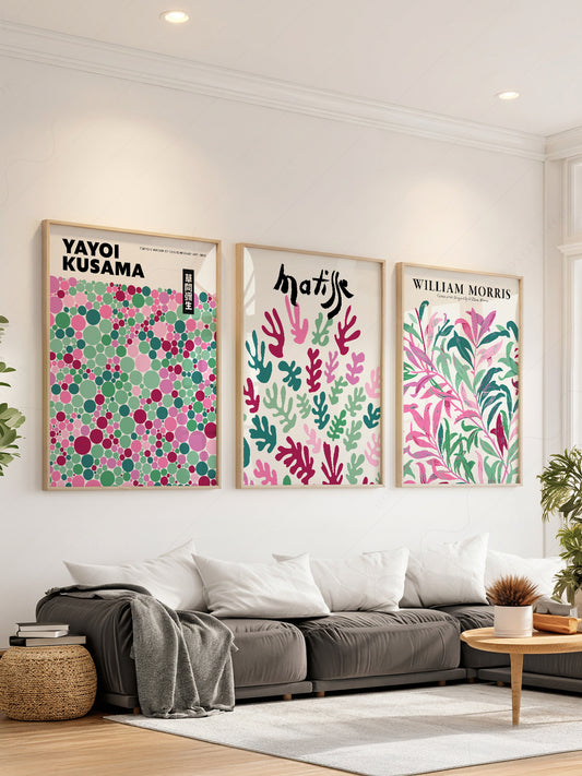 Set of 3 wall art prints featuring Yayoi Kusama dots, Henri Matisse cut-outs, and William Morris botanicals in pink and green.