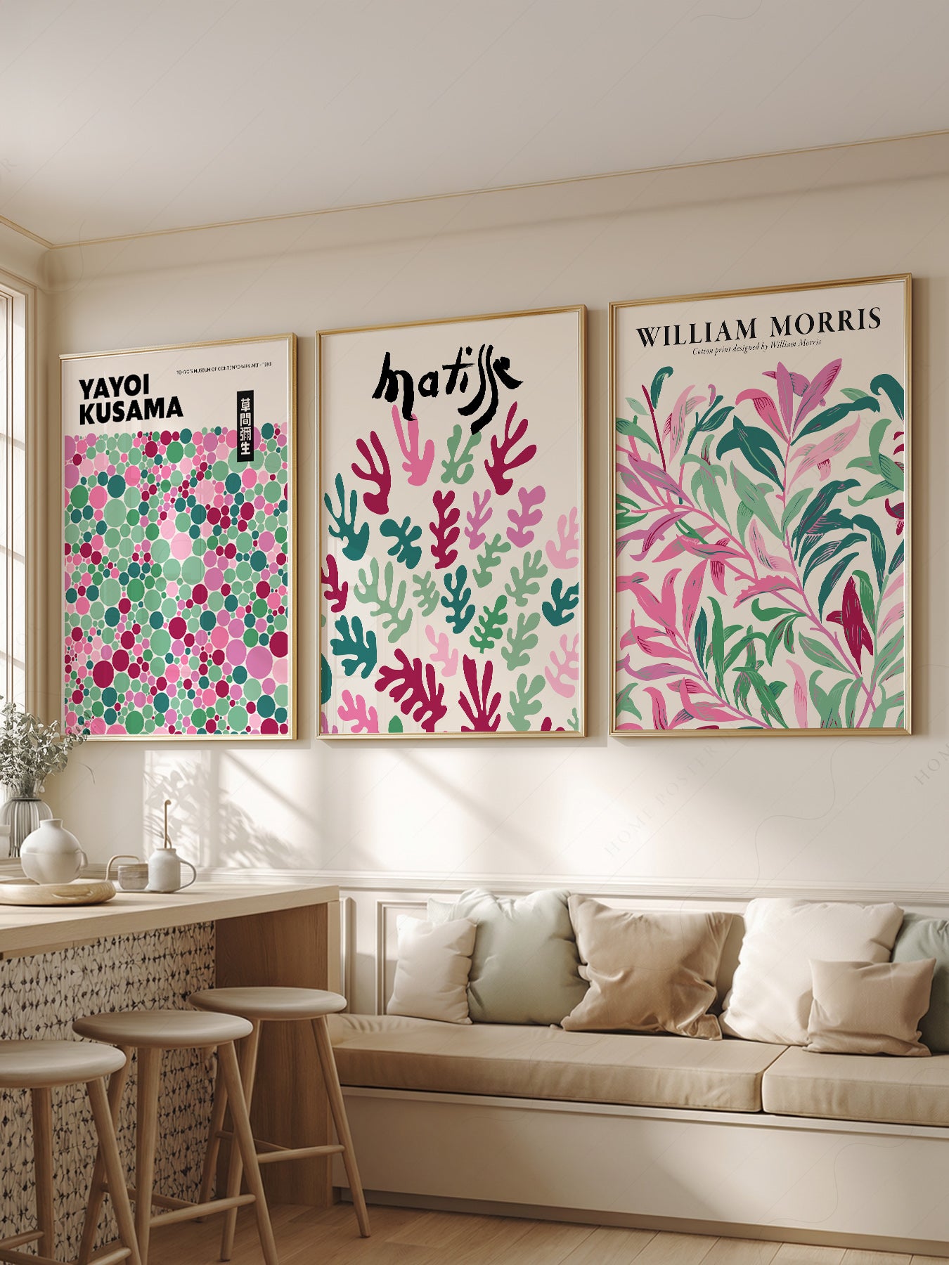 Matisse Kusama Morris Set of 3 Prints – Pink Green – fine art print wall decor