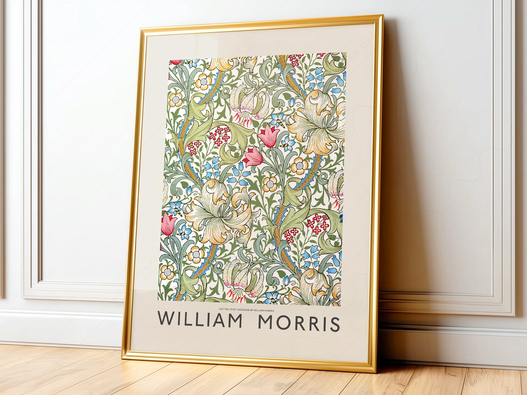 William Morris art print styled in a Scandinavian bedroom