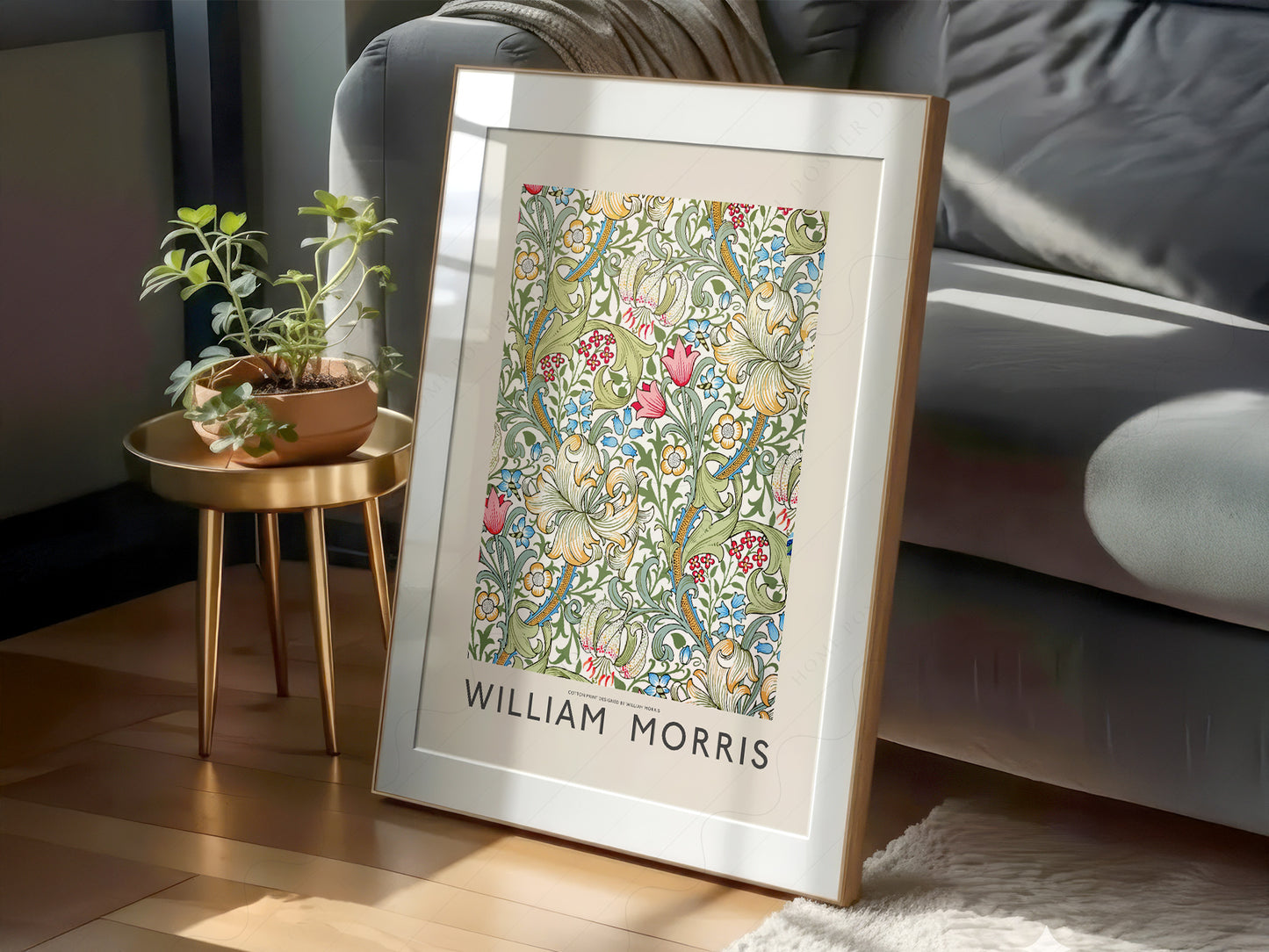 William Morris Golden Lily print styled in a mid-century modern dining room