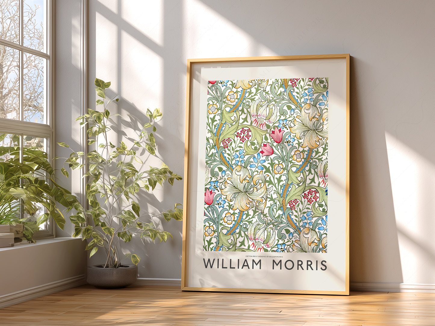 William Morris art print as wall decor in a minimalist home office