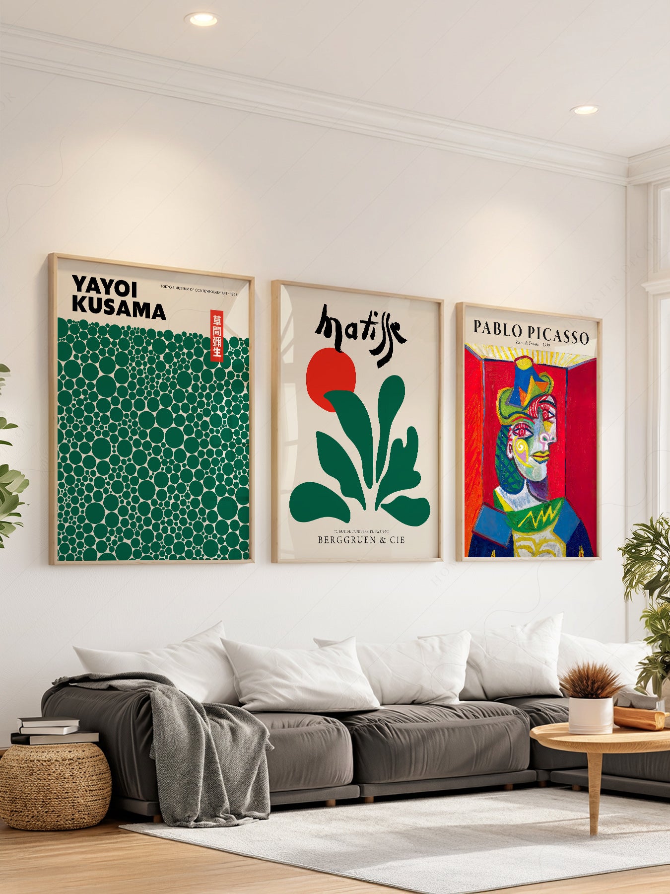 Gallery wall set of three art prints featuring Yayoi Kusama dots, Matisse botanical, and Picasso portrait
