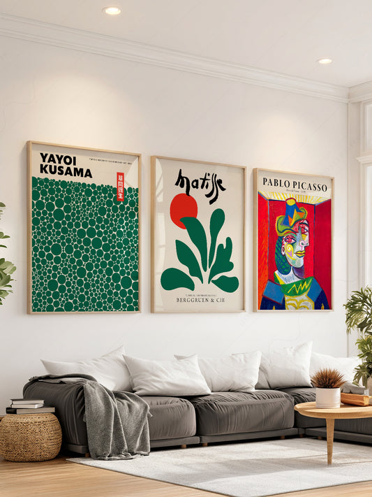 Gallery wall set of three art prints featuring Yayoi Kusama dots, Matisse botanical, and Picasso portrait
