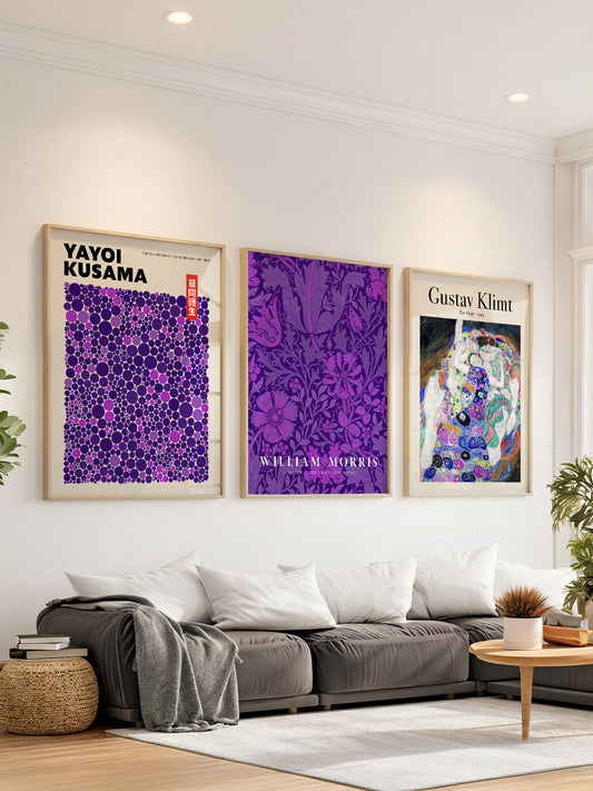 Set of three purple art prints featuring Yayoi Kusama, William Morris, and Gustav Klimt wall art in living room